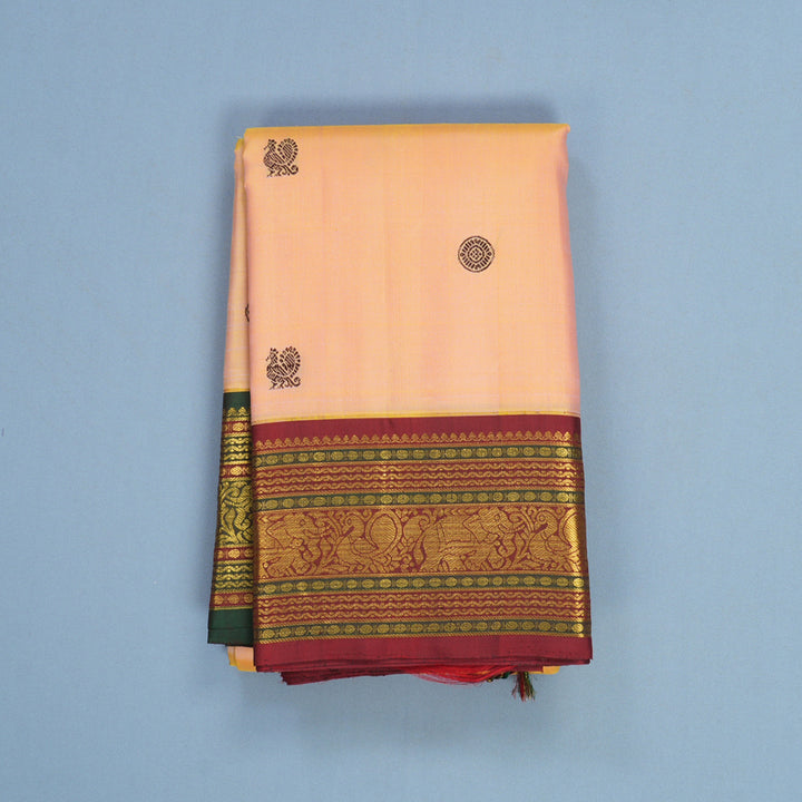 Hayagrivas Handloom Yellowish-Peach Kanjivaram Silk Saree with Ganga Jamuna Border KBF609G2-1