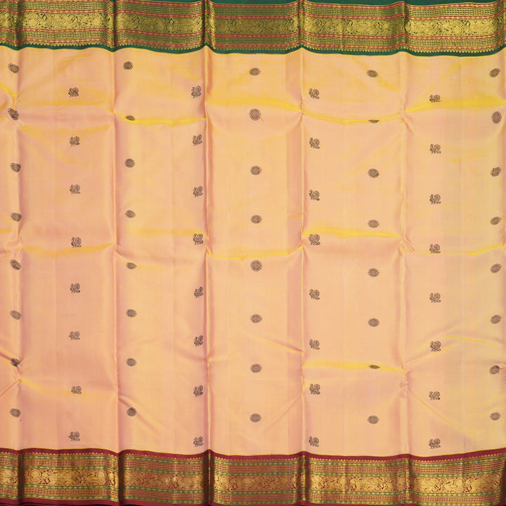 Hayagrivas Handloom Yellowish-Peach Kanjivaram Silk Saree with Ganga Jamuna Border KBF609G2-1