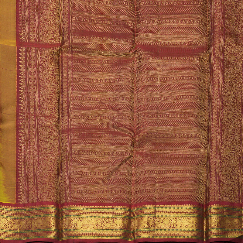 Hayagrivas Handloom Yellowish-Peach Kanjivaram Silk Saree with Ganga Jamuna Border KBF609G2-1