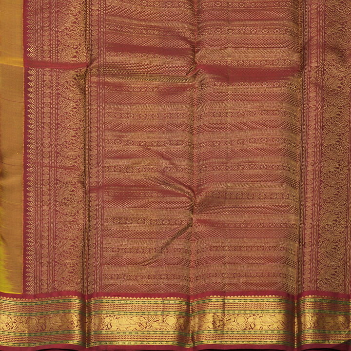 Hayagrivas Handloom Yellowish-Peach Kanjivaram Silk Saree with Ganga Jamuna Border KBF609G2-1