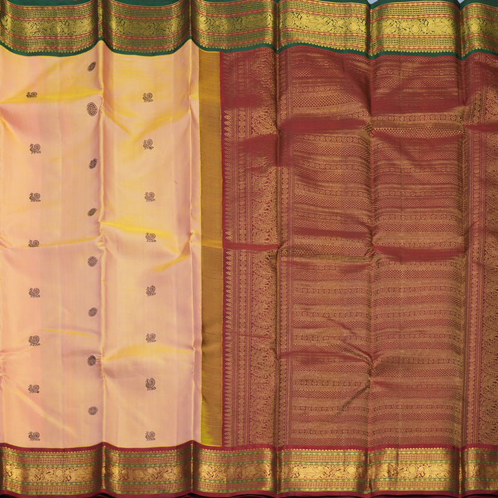 Hayagrivas Handloom Yellowish-Peach Kanjivaram Silk Saree with Ganga Jamuna Border KBF609G2-1