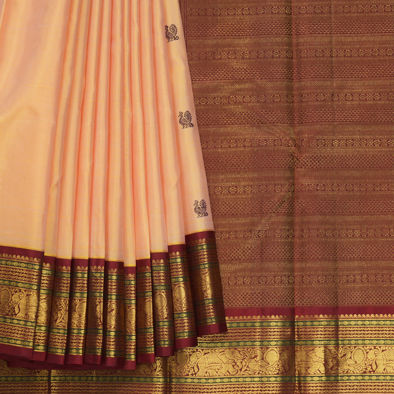Hayagrivas Handloom Yellowish-Peach Kanjivaram Silk Saree with Ganga Jamuna Border KBF609G2-1