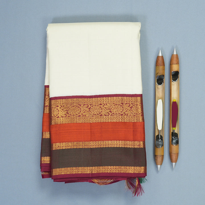 Hayagrivas Handloom Half-White Kanjivaram Silk Saree with Rust Orange &amp; Manthalir Border KBF609G4-1