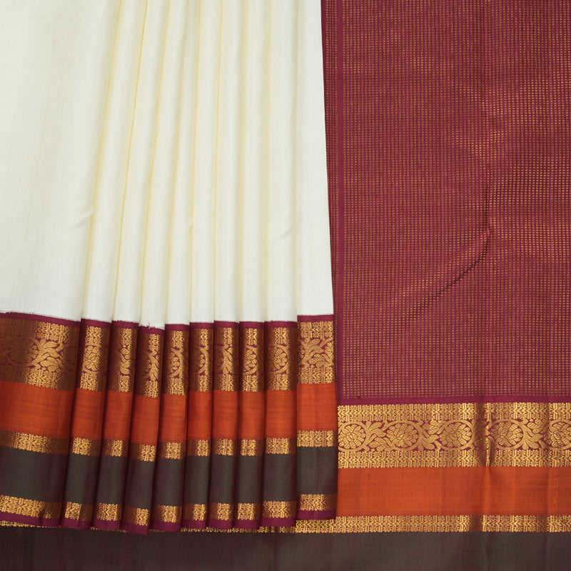 Hayagrivas Handloom Half-White Kanjivaram Silk Saree with Rust Orange &amp; Manthalir Border KBF609G4-1