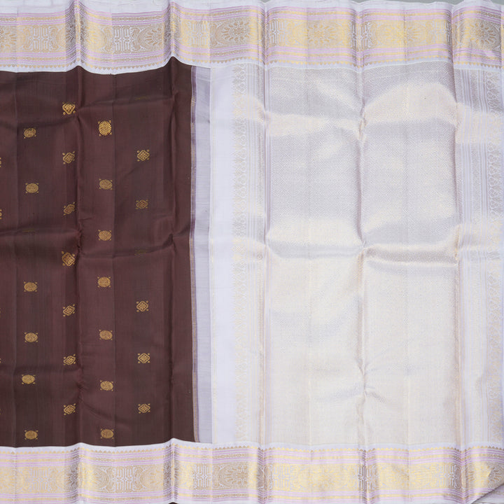 Hayagrivas Handloom Dark Brown Kanjivaram Silk Saree with Lilac Border KBF609G6-1