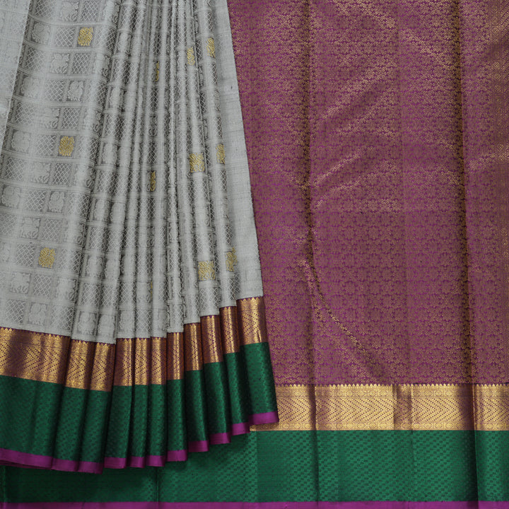 Hayagrivas Handloom Grey Kanjivaram Silk Saree with Bottle Green Border KBF609G7-1