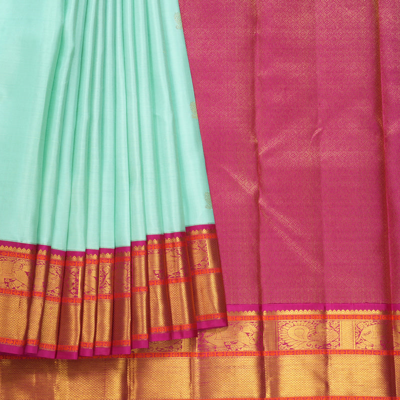 Hayagrivas Handloom Mild Sea Green Kanjivaram Silk Saree with Pink Border KBF609G8-1