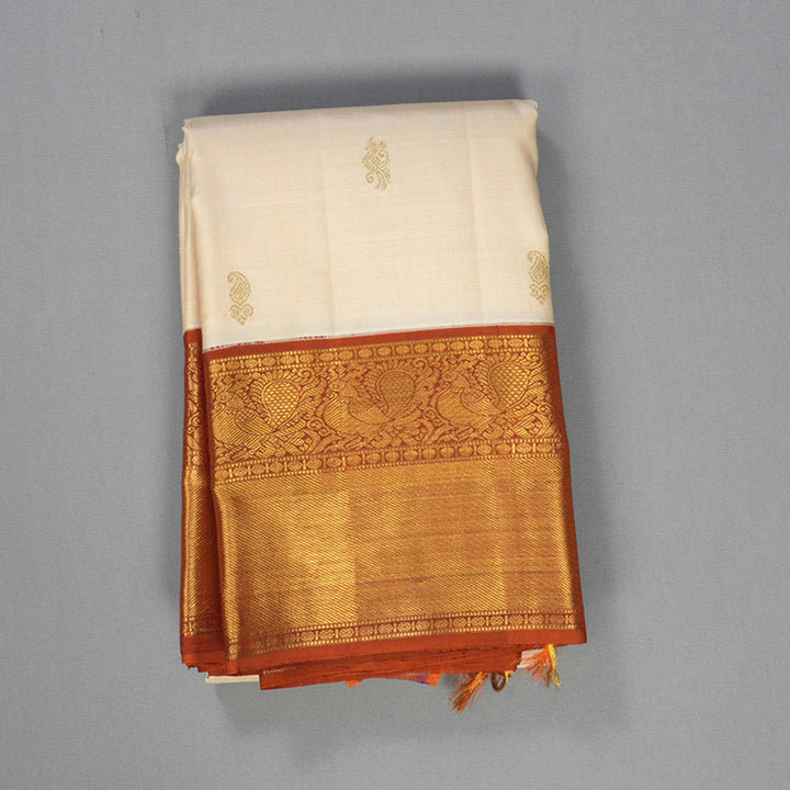 Hayagrivas Handloom Cream Kanjivaram Silk Saree with Rust Orange Border KBF609G9-1