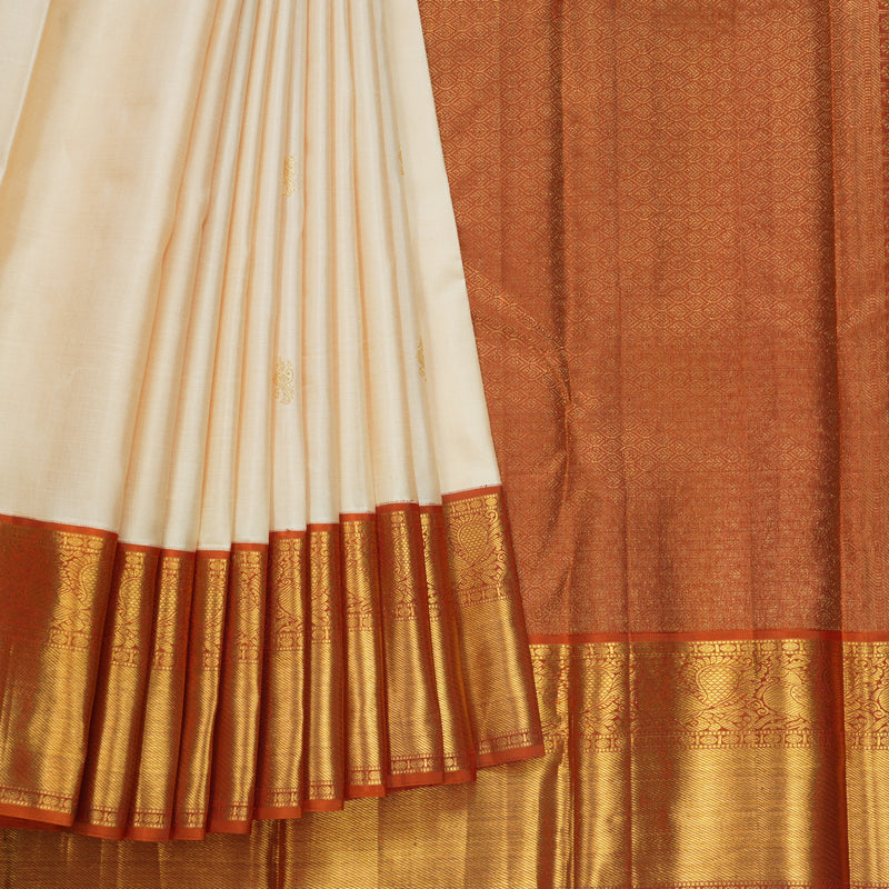 Hayagrivas Handloom Cream Kanjivaram Silk Saree with Rust Orange Border KBF609G9-1