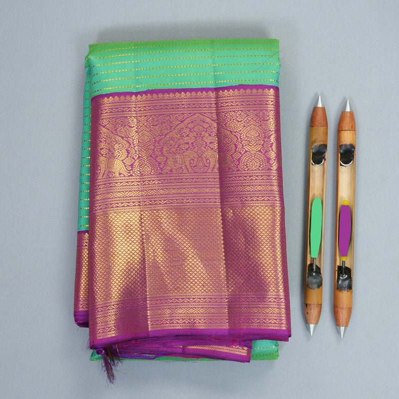 Hayagrivas Handloom Aqua Green Kanjivaram Silk Saree with Purple Border KBF611G1-1