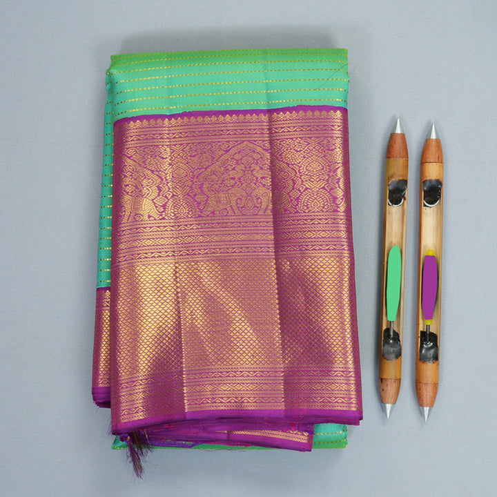 Hayagrivas Handloom Aqua Green Kanjivaram Silk Saree with Purple Border KBF611G1-1