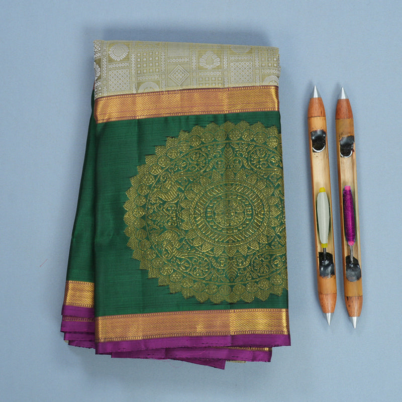 Hayagrivas Handloom Mild Elaichi Green Kanjivaram Silk Saree with Bottle Green Border KBF612G12-1