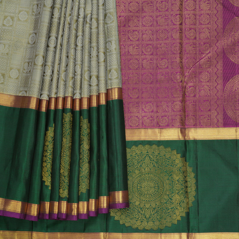 Hayagrivas Handloom Mild Elaichi Green Kanjivaram Silk Saree with Bottle Green Border KBF612G12-1