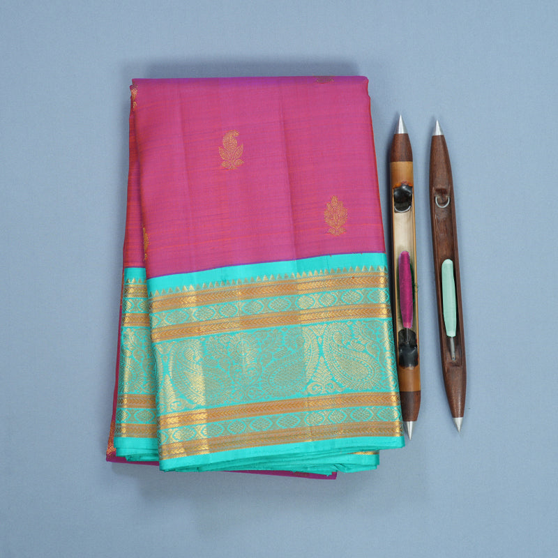 Hayagrivas Handloom Orangish-Purple Kanjivaram Silk Saree with Bright Teal Border KBF612G6-1