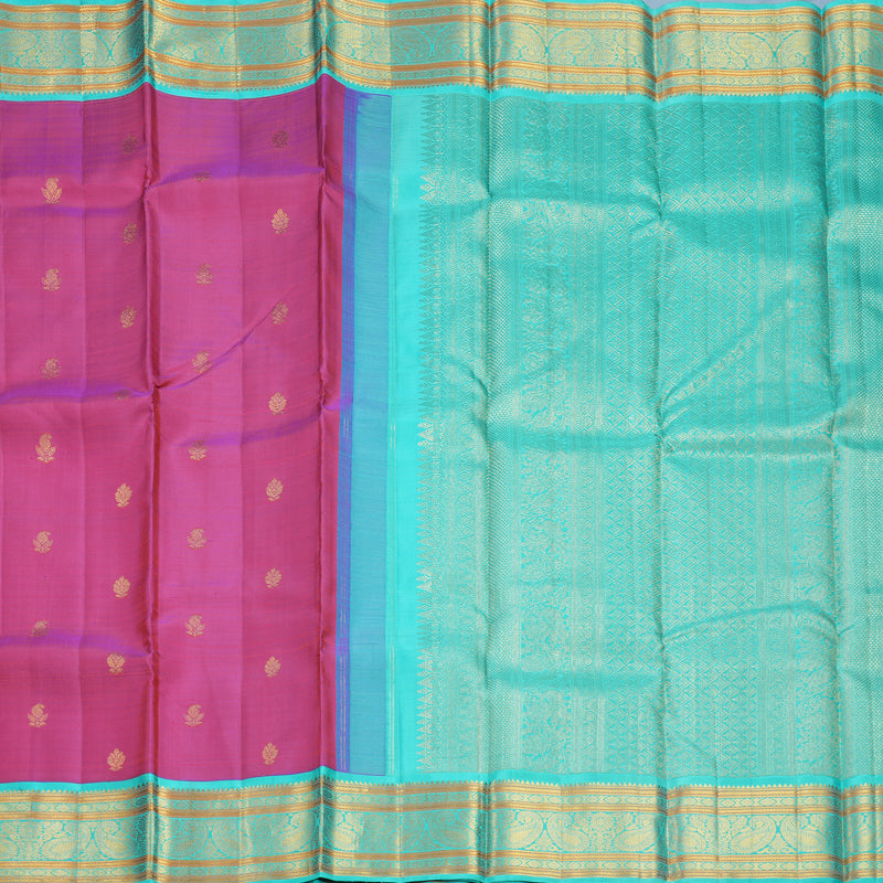 Hayagrivas Handloom Orangish-Purple Kanjivaram Silk Saree with Bright Teal Border KBF612G6-1