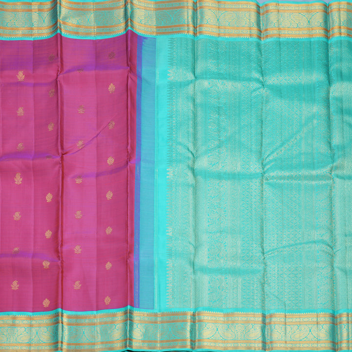Hayagrivas Handloom Orangish-Purple Kanjivaram Silk Saree with Bright Teal Border KBF612G6-1