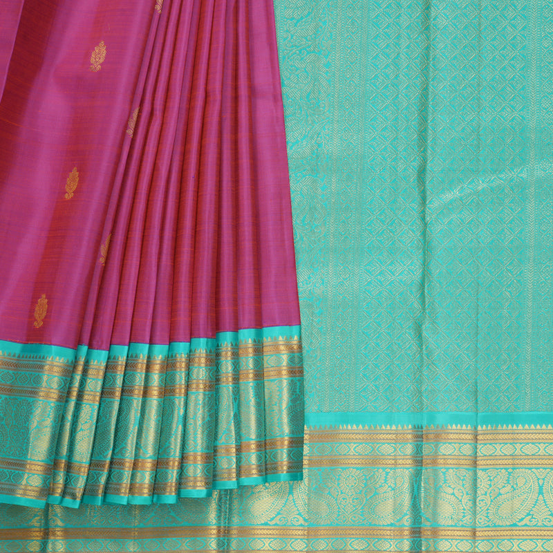 Hayagrivas Handloom Orangish-Purple Kanjivaram Silk Saree with Bright Teal Border KBF612G6-1