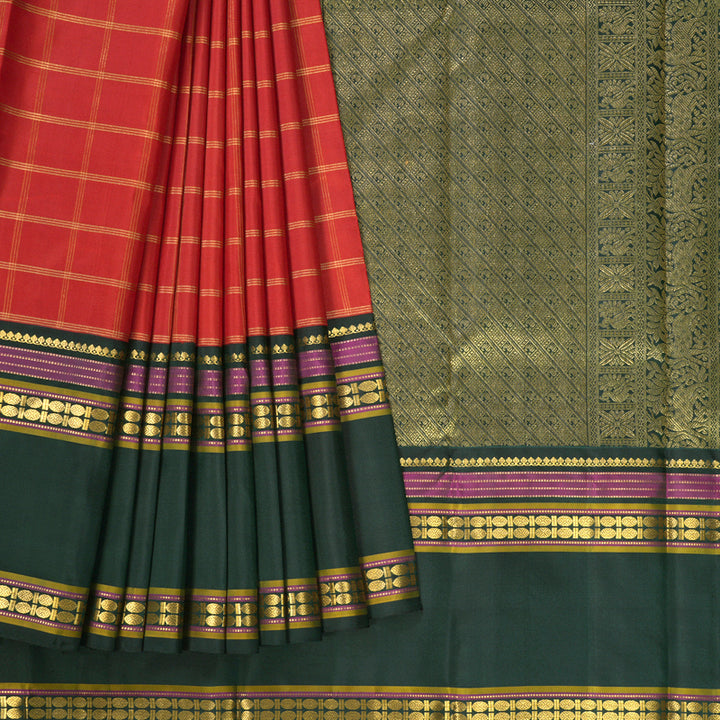 Hayagrivas Handloom Red Kanjivaram Silk Saree with Karum Pachai Border KBF613G1-1