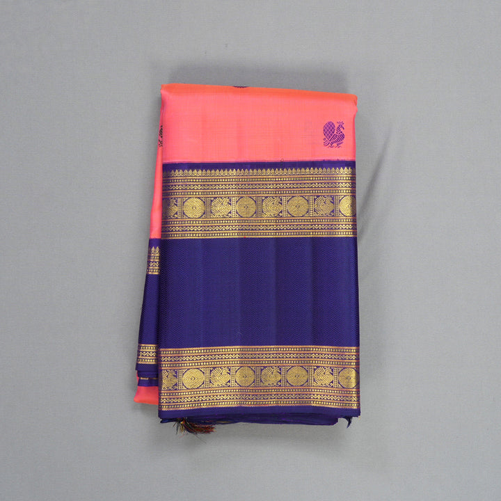 Hayagrivas Handloom Peach Pink Kanjivaram Silk Saree with Purplish-Blue Border KBF613G10-1
