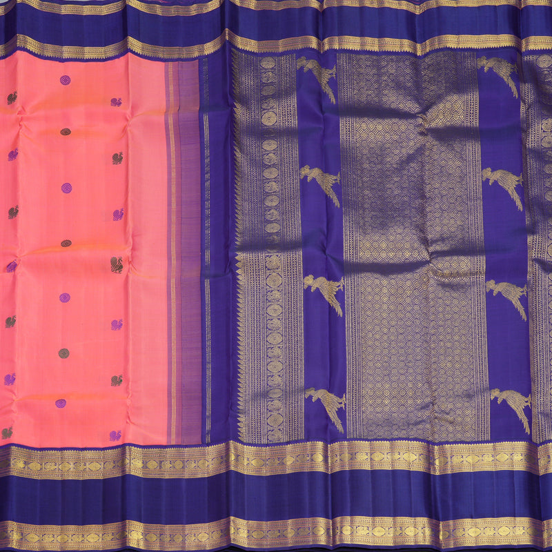 Hayagrivas Handloom Peach Pink Kanjivaram Silk Saree with Purplish-Blue Border KBF613G10-1