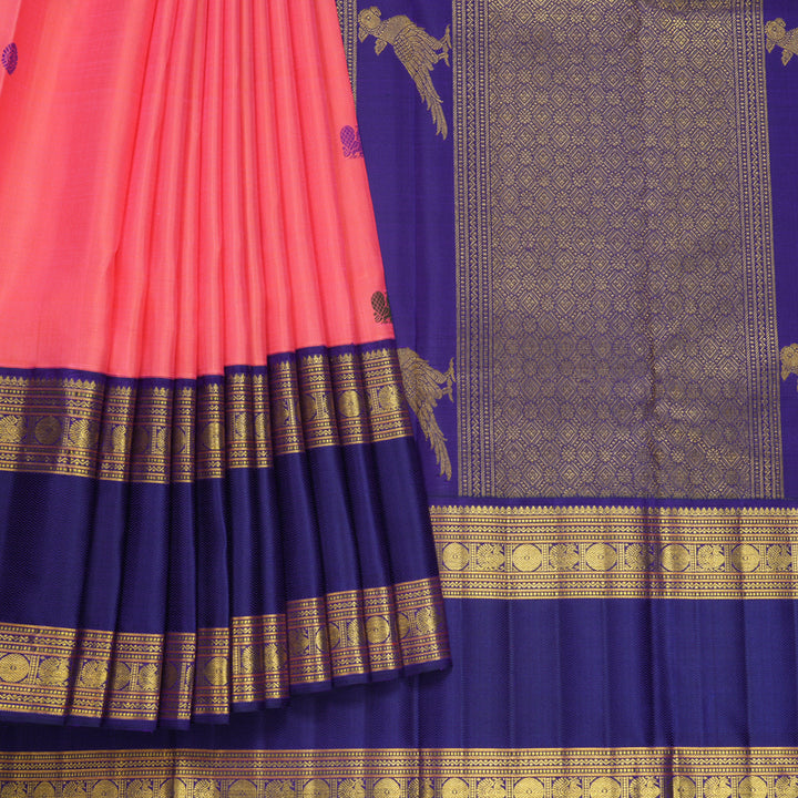 Hayagrivas Handloom Peach Pink Kanjivaram Silk Saree with Purplish-Blue Border KBF613G10-1