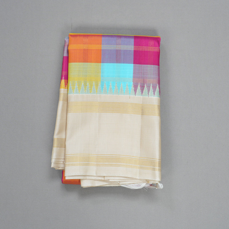 Hayagrivas Handloom Multicolour Checks Kanjivaram Silk Saree with Half-White Border KBF613G13-1