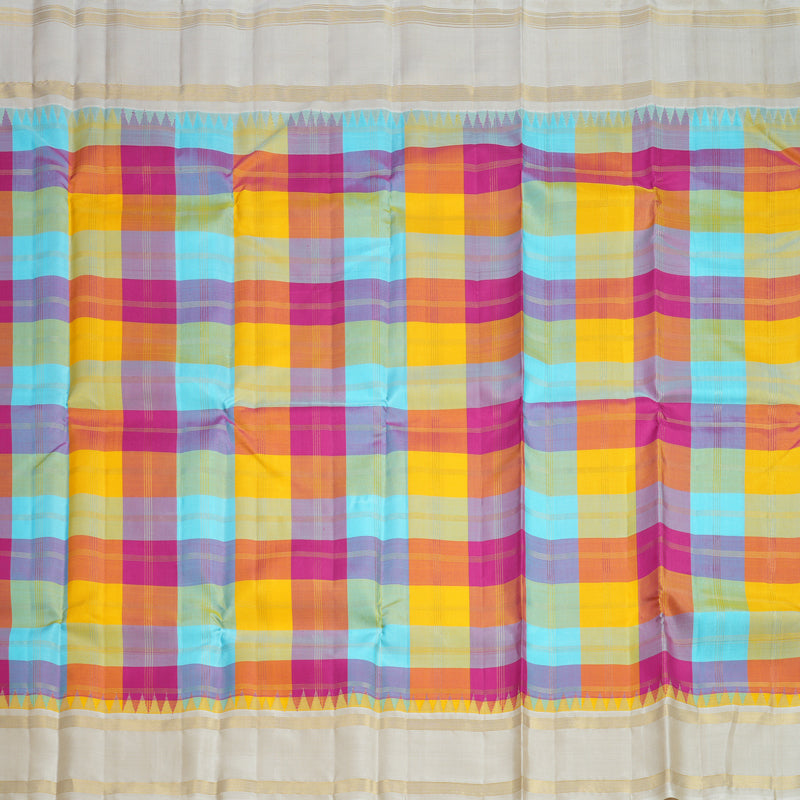 Hayagrivas Handloom Multicolour Checks Kanjivaram Silk Saree with Half-White Border KBF613G13-1