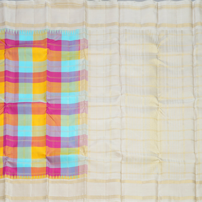Hayagrivas Handloom Multicolour Checks Kanjivaram Silk Saree with Half-White Border KBF613G13-1