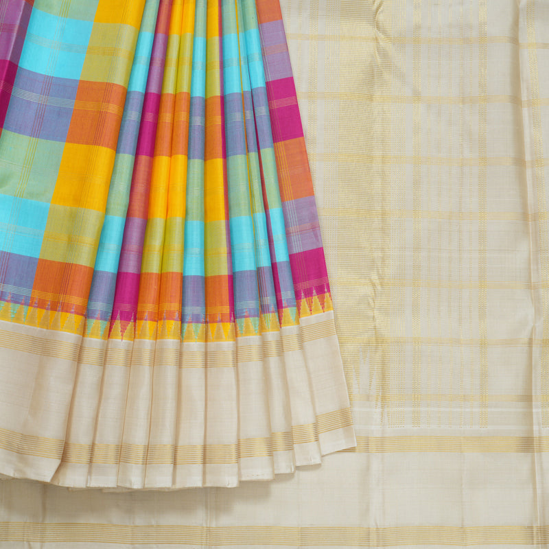 Hayagrivas Handloom Multicolour Checks Kanjivaram Silk Saree with Half-White Border KBF613G13-1