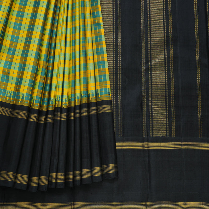 Hayagrivas Handloom Multicolour Checks Kanjivaram Silk Saree with Ganga Jamuna Border KBF613G14-1