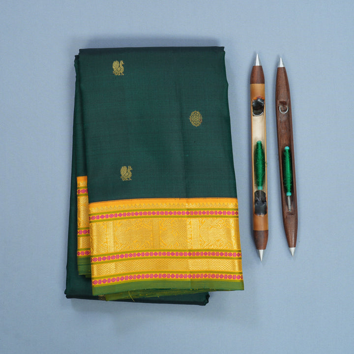 Hayagrivas Handloom Bottle Green Kanjivaram Silk Saree with Yellow Border KBF615G8-1