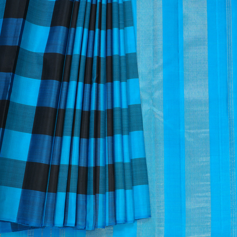 Hayagrivas Handloom Blue &amp; Black Checks Kanjivaram Silk Saree KBF617G1-3