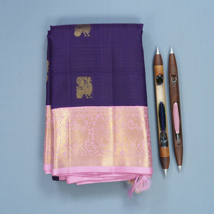 Hayagrivas Handloom Dark Purple Kanjivaram Silk Saree with Lotus Pink Border KBF618G3-1
