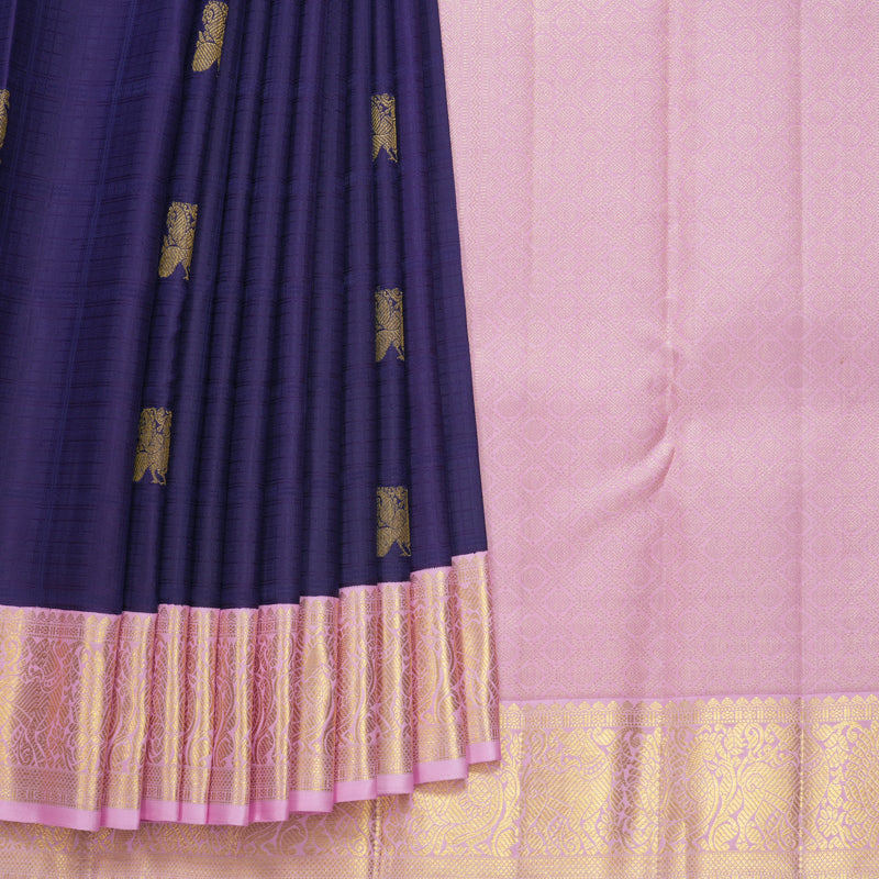 Hayagrivas Handloom Dark Purple Kanjivaram Silk Saree with Lotus Pink Border KBF618G3-1