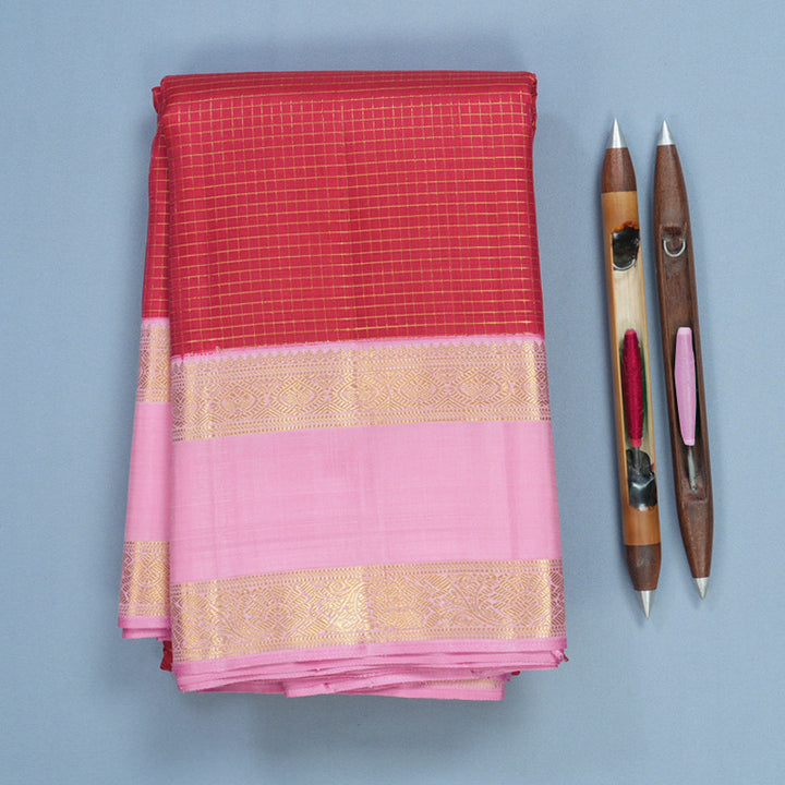 Hayagrivas Handloom Red Kanjivaram Silk Saree with Rose Pink Border KBF618G3-2