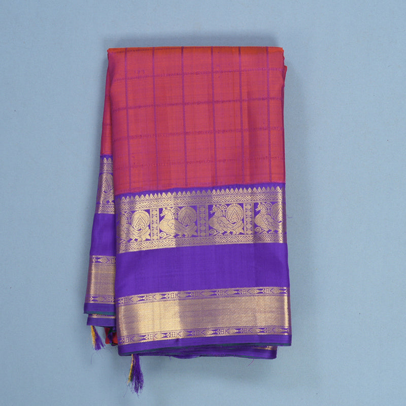 Hayagrivas Handloom Orangish-Pink Kanjivaram Silk Saree with Purple Border KBF619G1-1