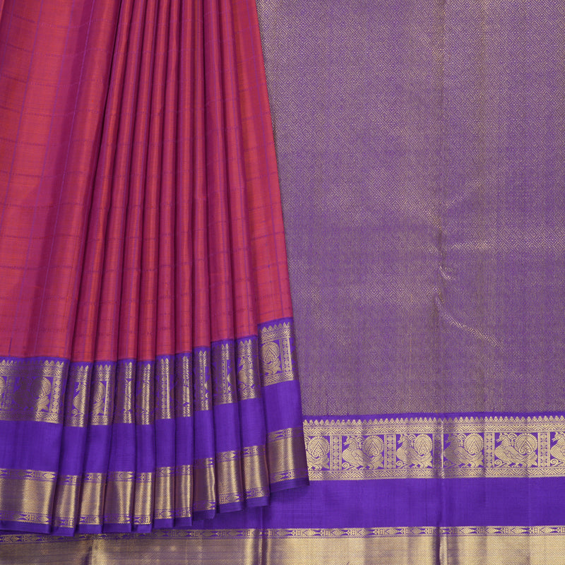 Hayagrivas Handloom Orangish-Pink Kanjivaram Silk Saree with Purple Border KBF619G1-1