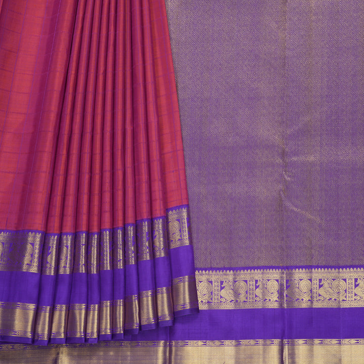 Hayagrivas Handloom Orangish-Pink Kanjivaram Silk Saree with Purple Border KBF619G1-1