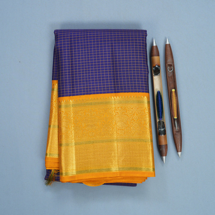 Hayagrivas Handloom Dark Blue Kanjivaram Silk Saree with Mustard Yellow Border KBF619G1-3