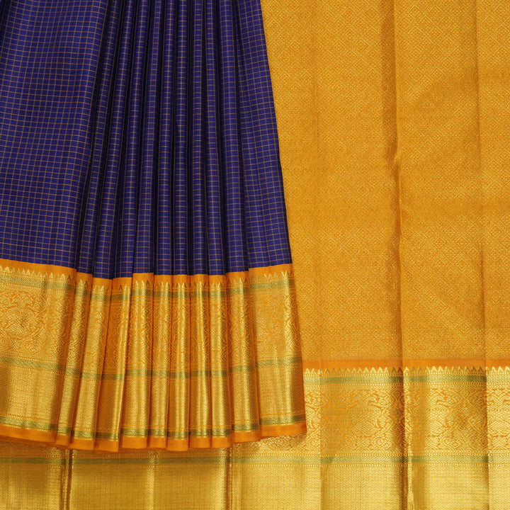 Hayagrivas Handloom Dark Blue Kanjivaram Silk Saree with Mustard Yellow Border KBF619G1-3