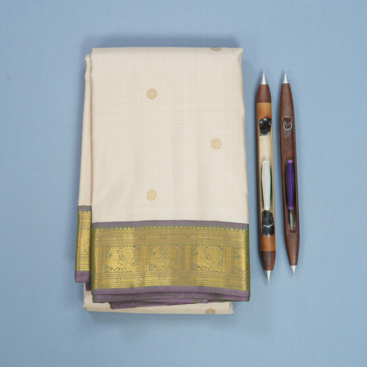 Hayagrivas Handloom Cream Kanjivaram Silk Saree with Dual Toned Lavender Border KBF619G3-1