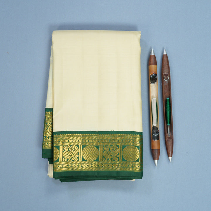 Hayagrivas Handloom Half-White Kanjivaram Silk Saree with Bottle Green Border KBF619G4-1