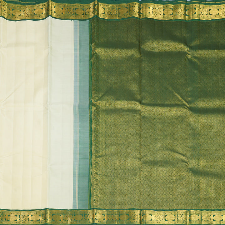 Hayagrivas Handloom Half-White Kanjivaram Silk Saree with Bottle Green Border KBF619G4-1