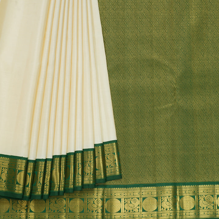 Hayagrivas Handloom Half-White Kanjivaram Silk Saree with Bottle Green Border KBF619G4-1