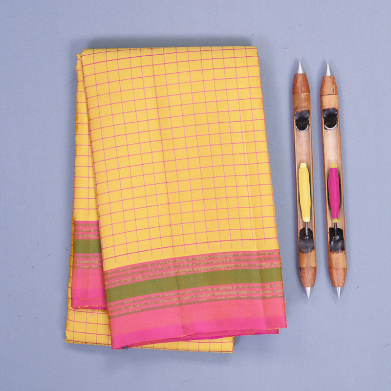 Hayagrivas Handloom Mild Yellow Kanjivaram Silk Saree with Pink Border KBF620G1-3