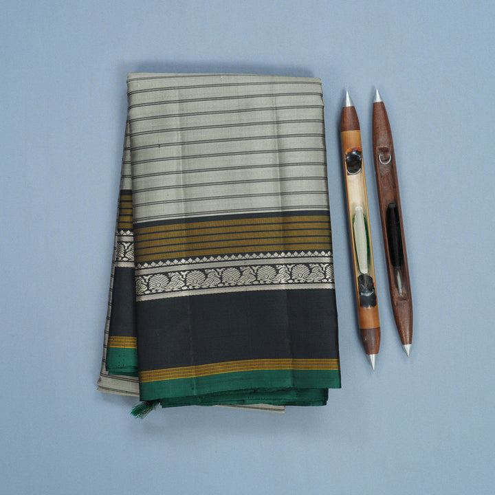 Hayagrivas Handloom Elephant Grey Kanjivaram Silk Saree with Black Border KBF620G2-6