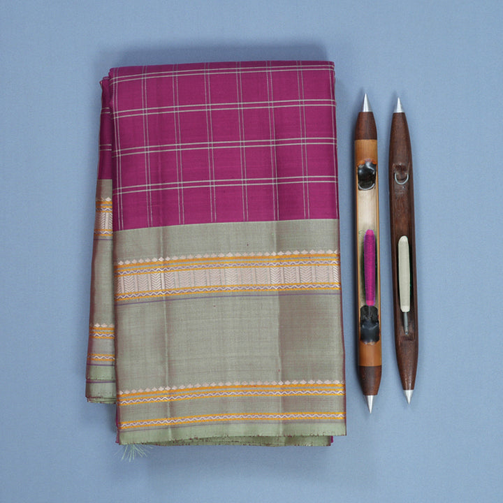 Hayagrivas Handloom Purple Kanjivaram Silk Saree with Mild Pastel Green Border KBF620G3-1