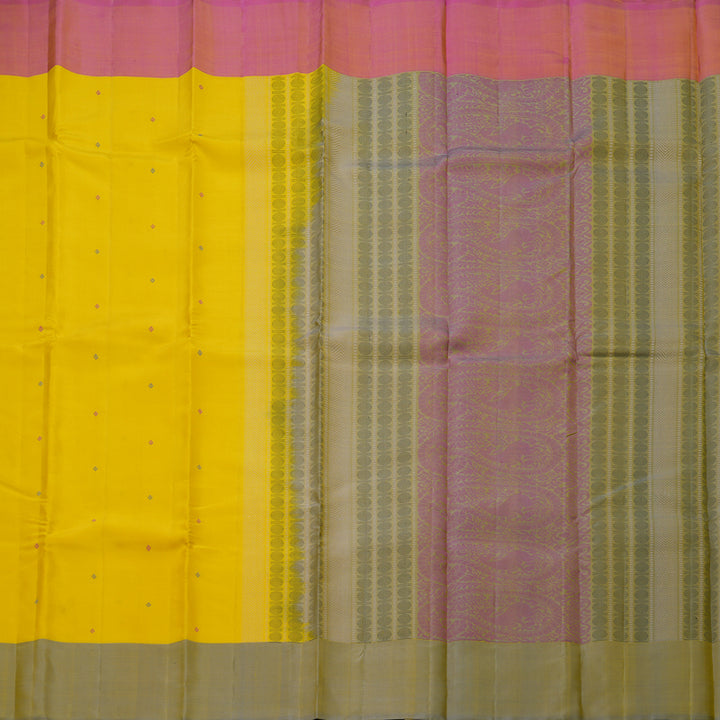 Hayagrivas Handloom Lemon Yellow Kanjivaram Silk Saree with Ganga Jamuna Border KBF620G5-2