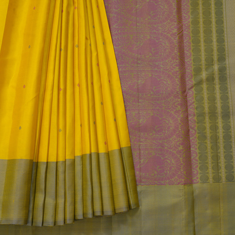 Hayagrivas Handloom Lemon Yellow Kanjivaram Silk Saree with Ganga Jamuna Border KBF620G5-2