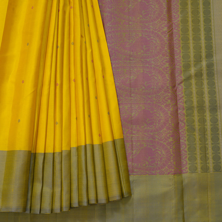 Hayagrivas Handloom Lemon Yellow Kanjivaram Silk Saree with Ganga Jamuna Border KBF620G5-2